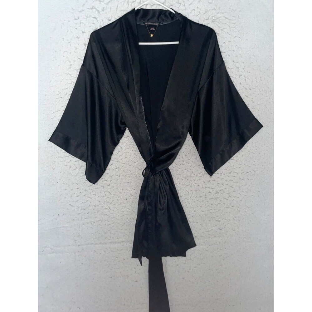 Victoria's Secret Robe Womens S M Black Satin Belted Short Kimono Pockets